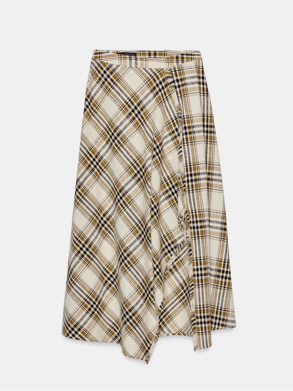 Zara Cream Plaid A-Line Midi Skirt with Tan and Black Stripes